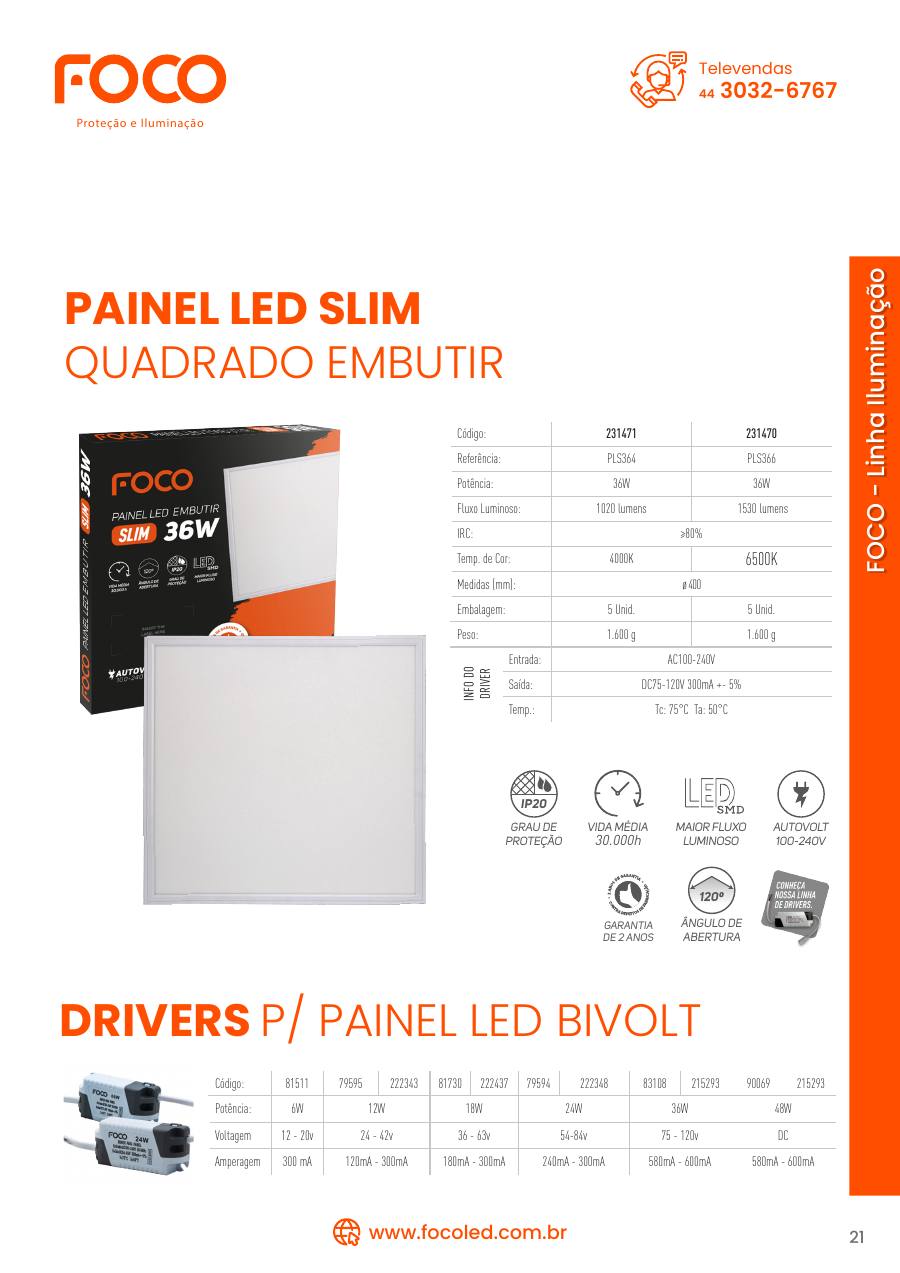 Painel LED slim quadrado embutir