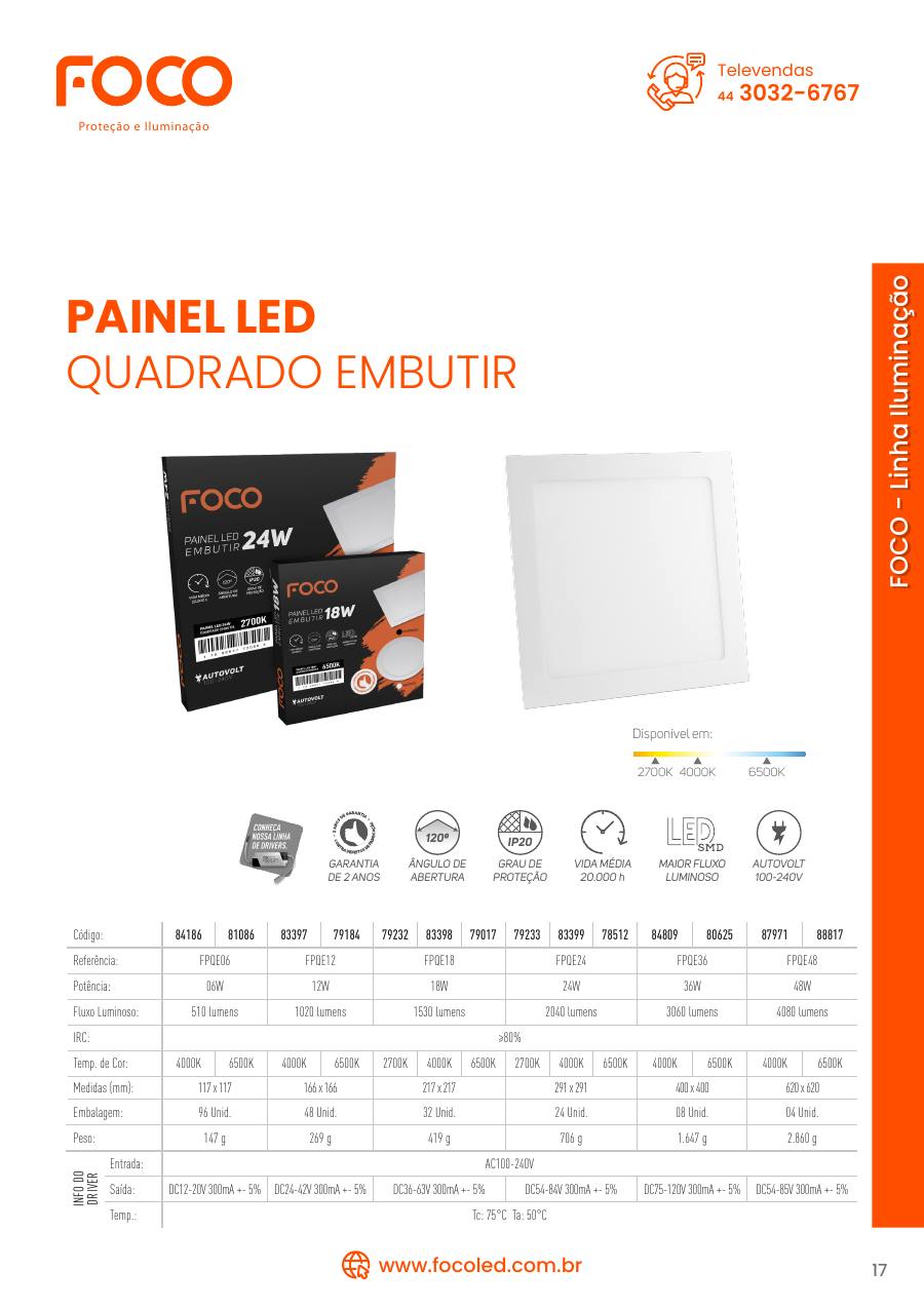 Painel LED quadrado embutir