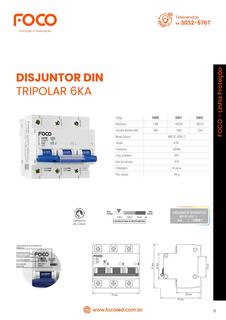Disjuntor DIN tripolar 6kA