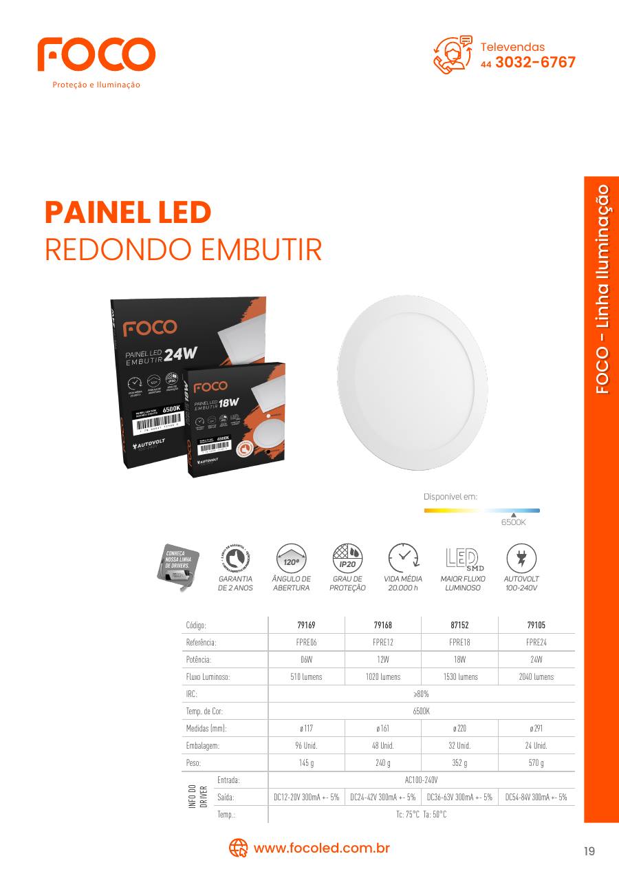 Painel LED redondo embutir